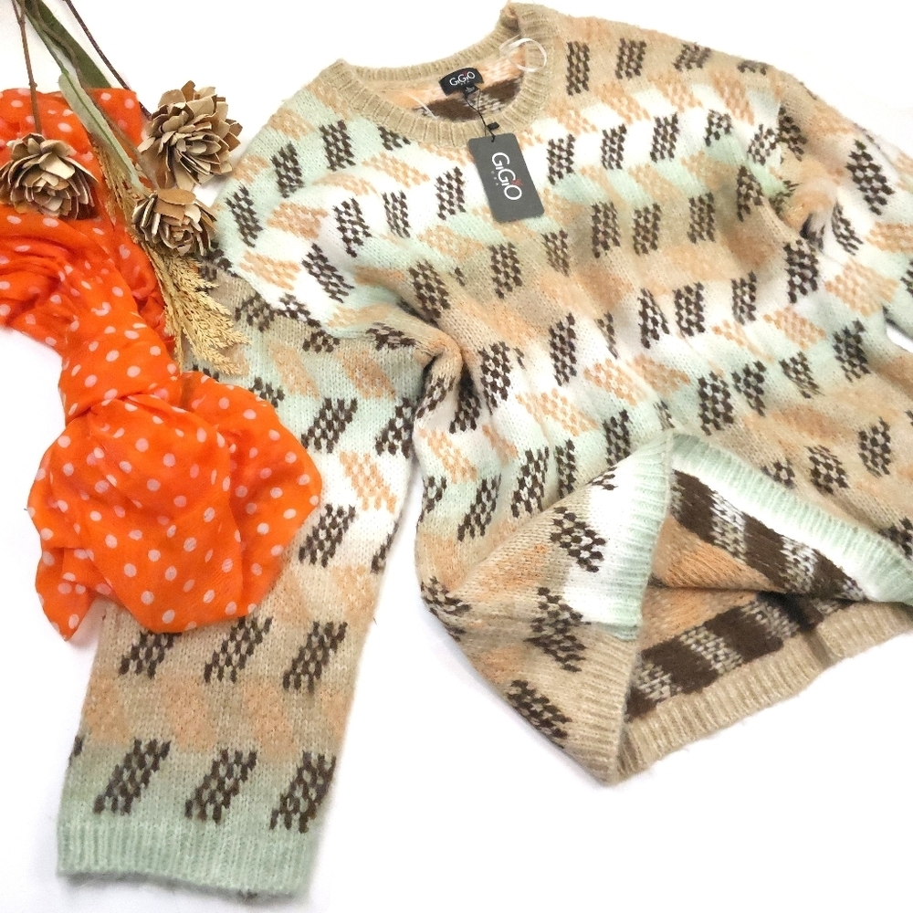 New Gigio Women's Pastel Multi-colored Sweater - Beige and Mint Sz L